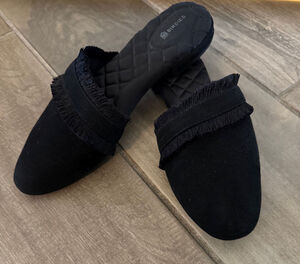 Birdies Ani Slide Black Suede Fringe Asymmetrical Mules Slip on Loafers SZ 10